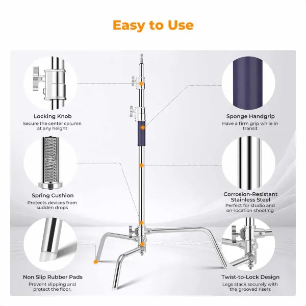 K&F Concept C-Stand with Adjustable Boom Arm and 2 Knuckles (3.3m)