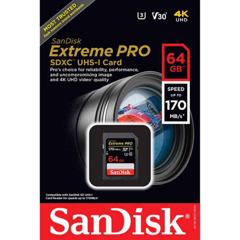 SANDISK EXTREME PRO SDXC CARD 64GB - 170MB/S V30 UHS-I U3