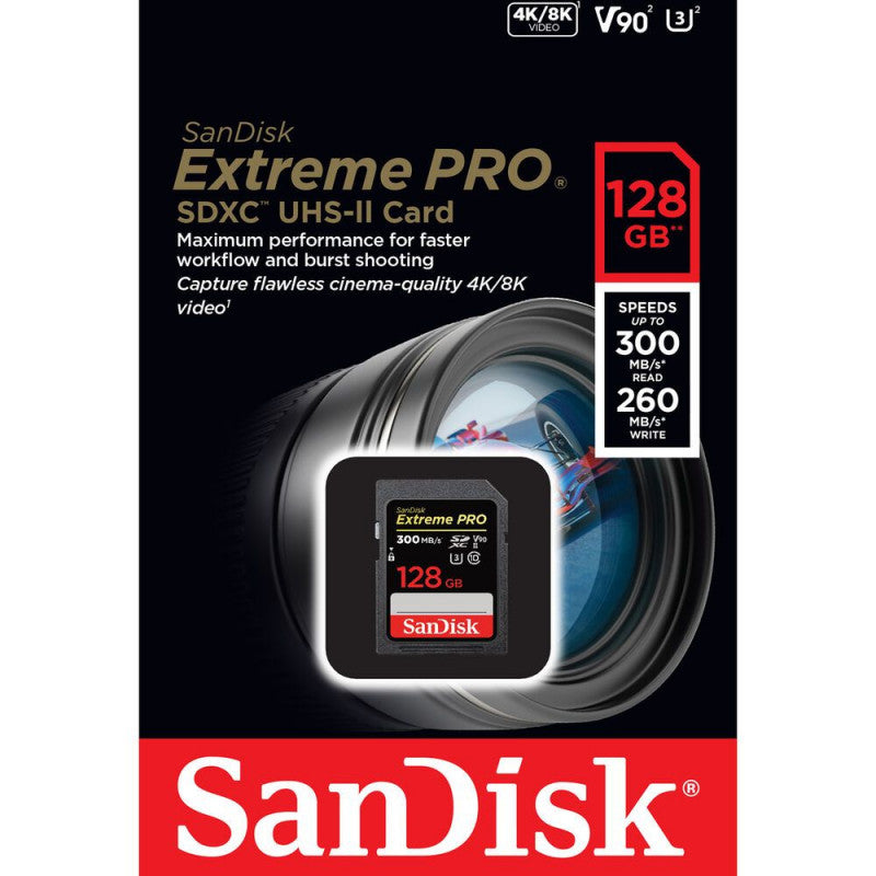 SANDISK EXTREME PRO 128GB SDXC MEMORY CARD 300MB/S, UHS-II, CLASS 10, U3, V90