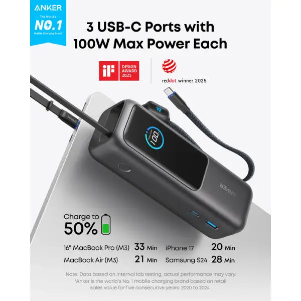 Anker 25,000mAh Power Bank (165W, Built-In and Retractable Cables)