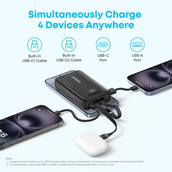 Anker Zolo 20,000mAh Power Bank (45W, Built-In Dual USB-C Cables)