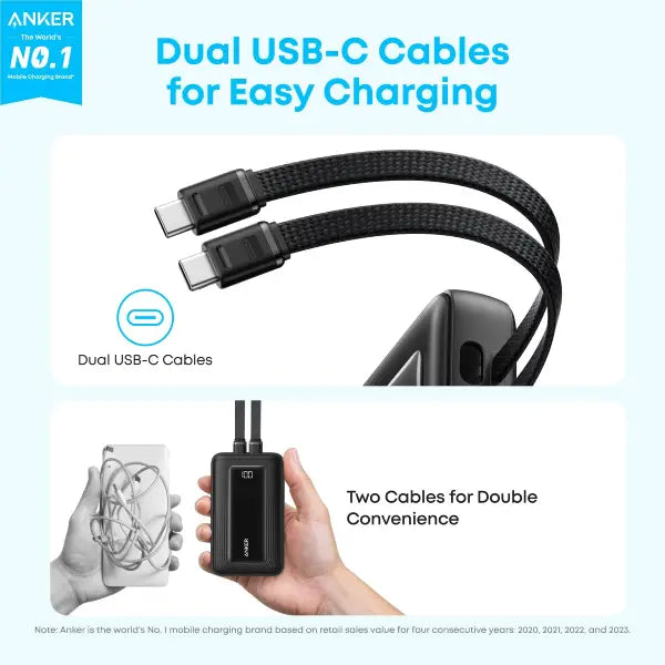 Anker Zolo 20,000mAh Power Bank (45W, Built-In Dual USB-C Cables)