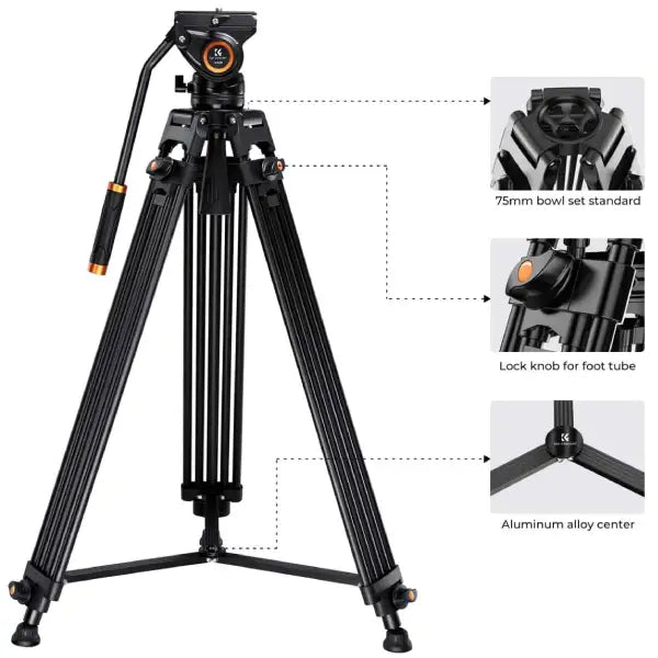 K&F Concept Core-Director Video Tripod with 75mm Bowl and Fluid Head