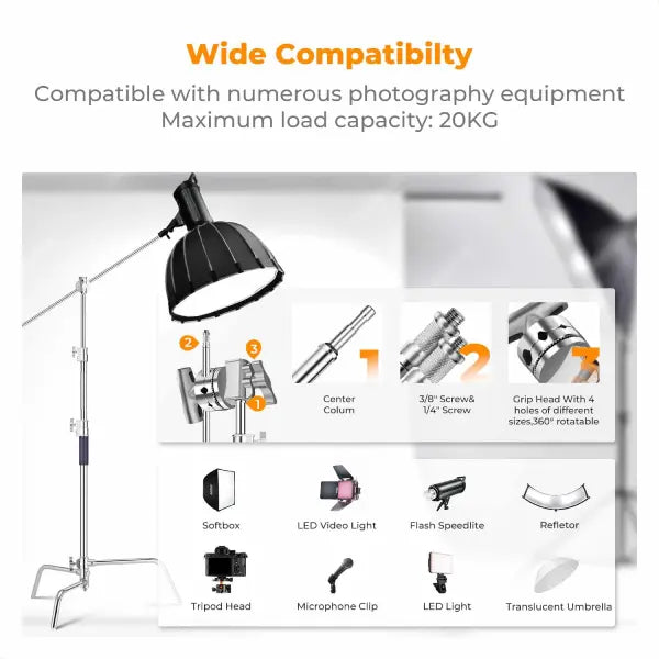 K&F Concept C-Stand with Adjustable Boom Arm and 2 Knuckles (3.3m)