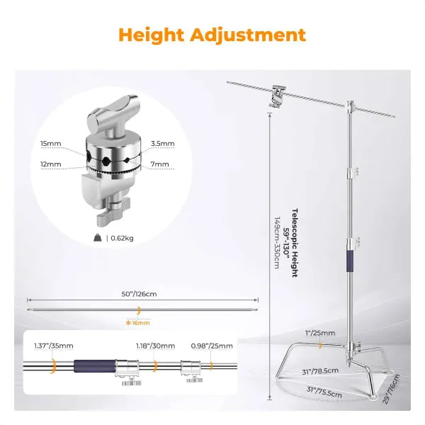 K&F Concept C-Stand with Adjustable Boom Arm and 2 Knuckles (3.3m)