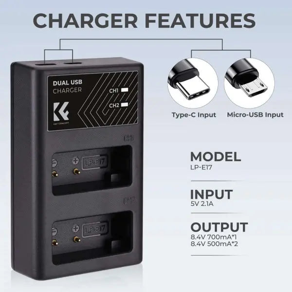 K&F Concept Dual Charger for Canon LP-E17 Batteries
