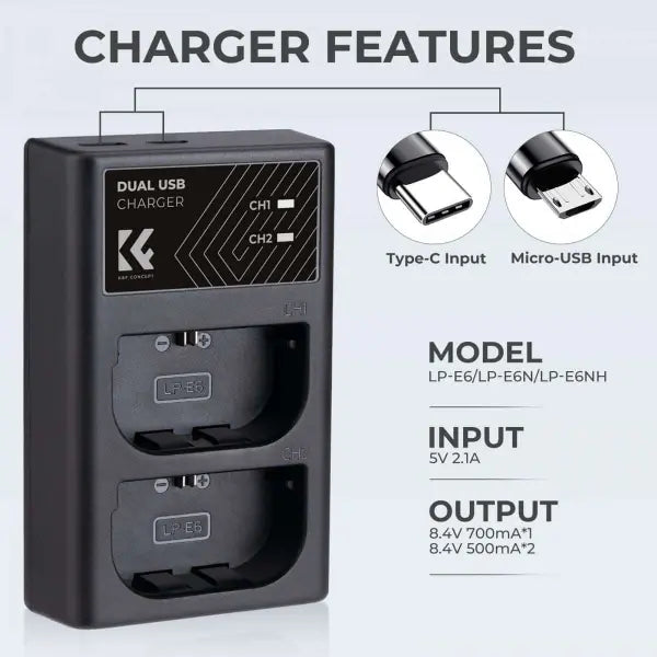 K&F Concept Dual Charger for Canon LP-E6 Batteries