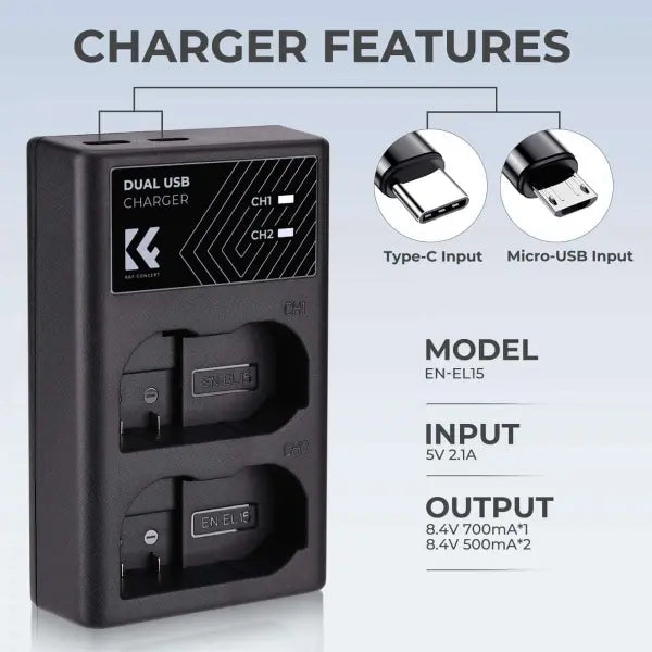 K&F Concept Dual Charger for Nikon EN-EL15 Batteries