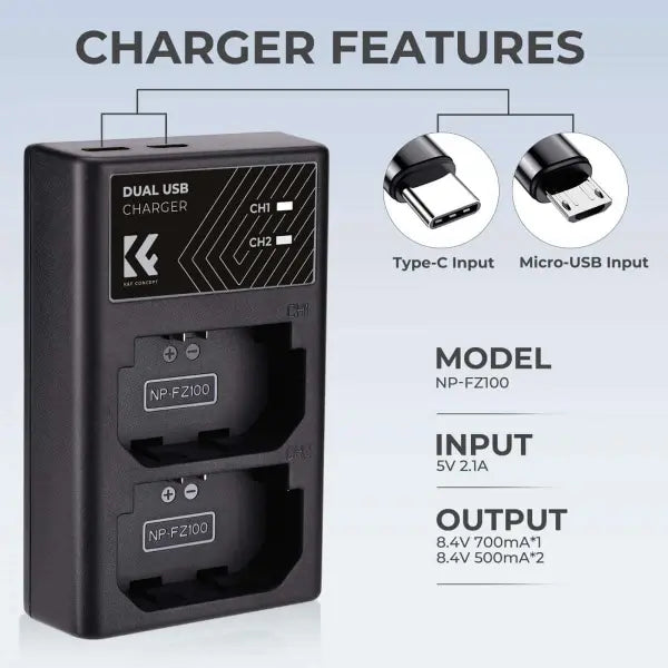 K&F Concept Dual Charger for Sony NP-FZ100 Batteries