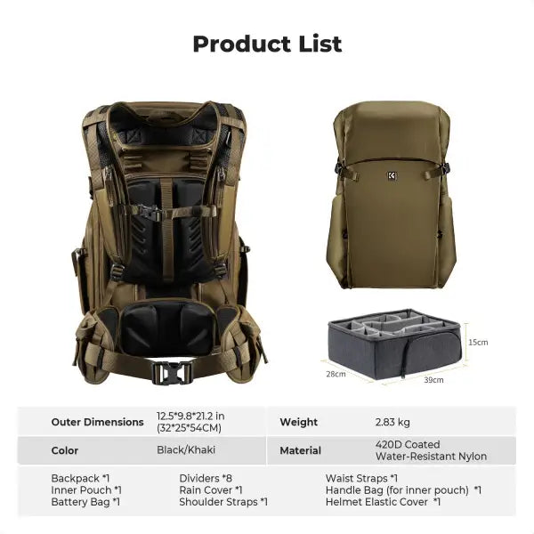 K&F Concept Star Wander 30L Camera Backpack (Khaki)